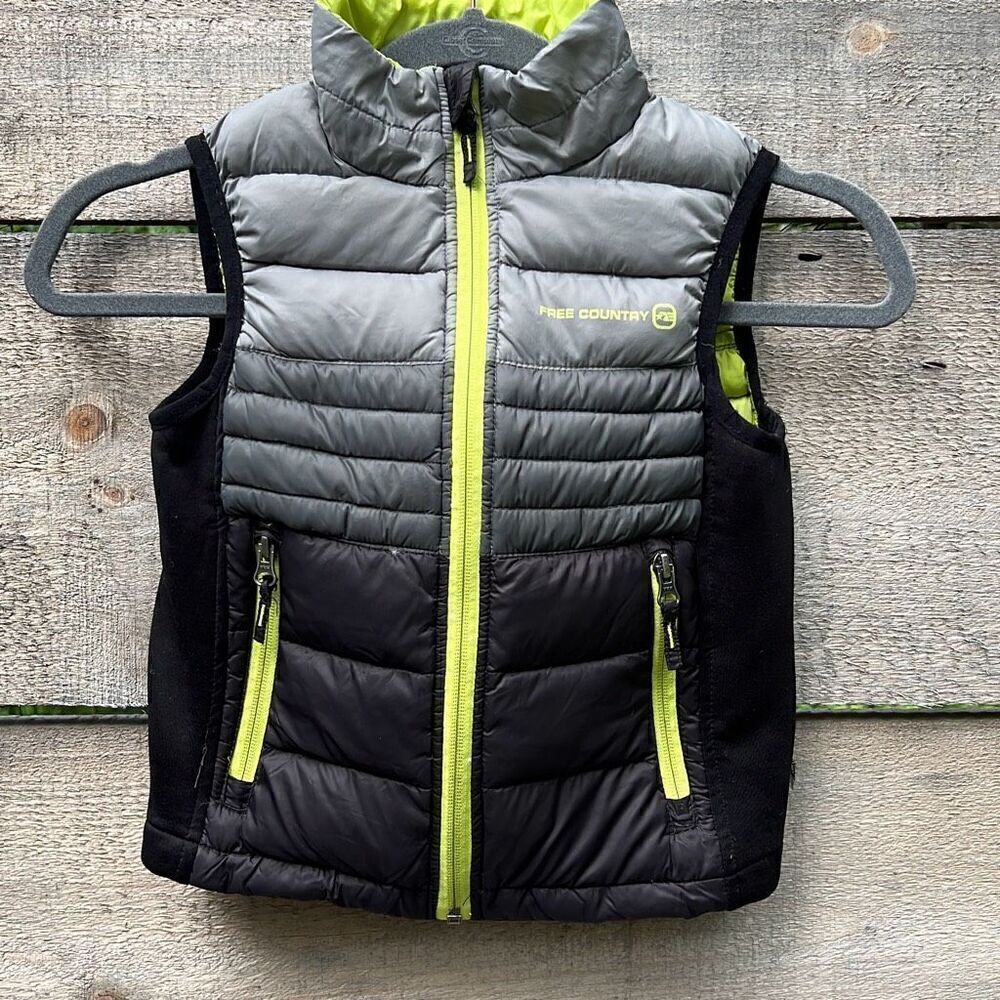 Free Country Kid's Black Green Power Zipper Down Feather Down Puffer Vest XS